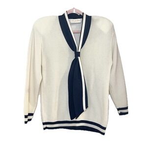 VTG 70s Vivanti Nautical Preppy Navy Blue Coastal Grandma Sailor Tie Sweater 8
